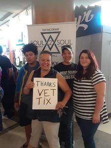Joan attended Soul2Soul With Tim McGraw and Faith Hill on Jul 31st 2017 via VetTix 